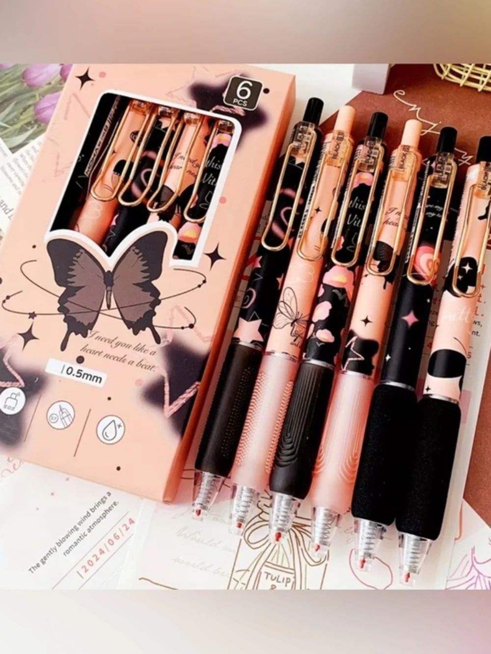Gel Pen Set - 6-Pack Pencil Case Butterfly Design